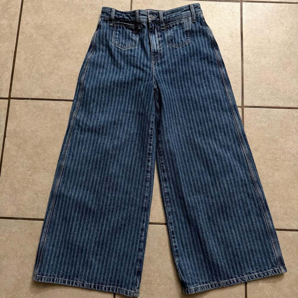 We The Free Brette Cropped Wide Leg Jeans Size 27 Blue Pinstripe